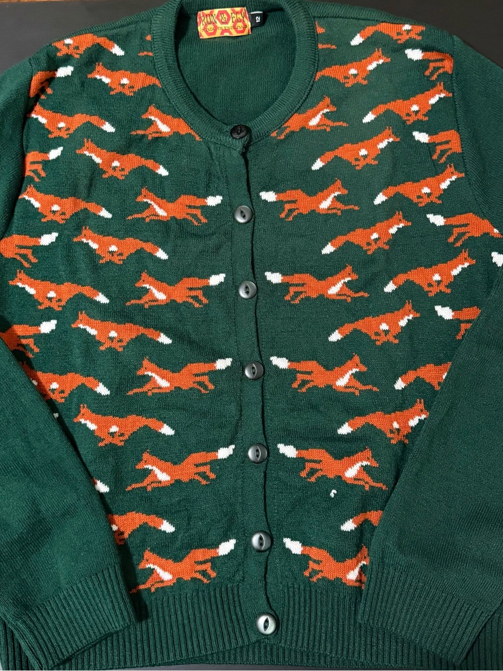 Run & Fly Fox Cardigan Sweater, Made in England, UK 12 / US Medium